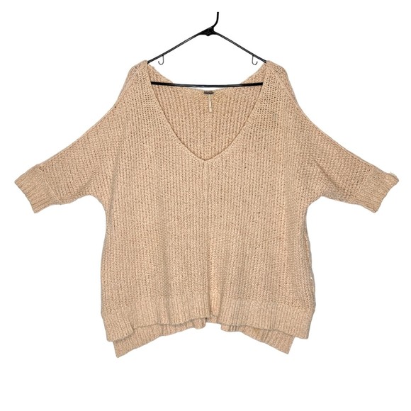 Free People Sweaters - Free People Women Small Tan Chunky Knit Short Sleeve Oversized Bohemian Sweater